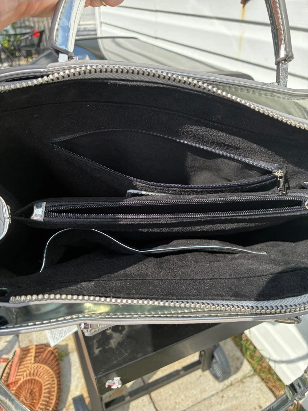 Sassy Jones Kyra Metallic Silver Logo Handbag Mirror Chrome Satchel, Like New